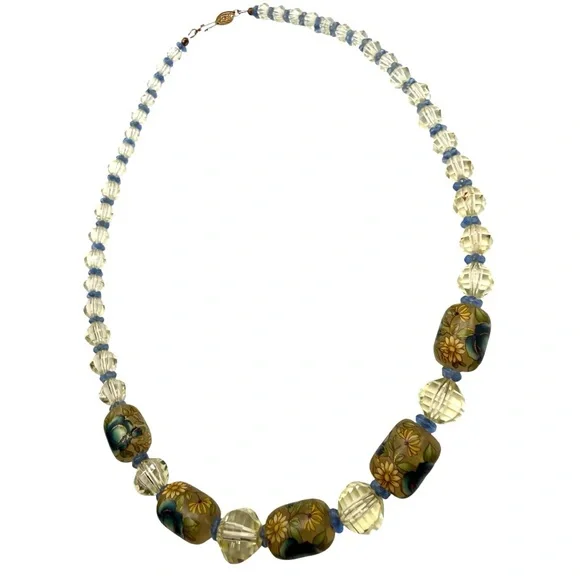 Vintage Hand-Painted Art Glass Necklace w/ 14K Gold Clasp-Length 19”
